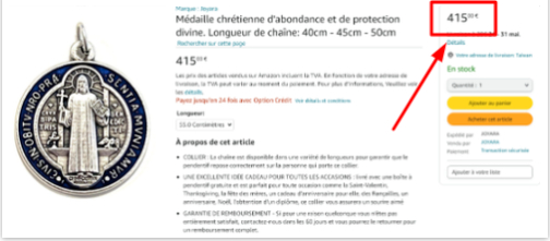 Capture d'un concurrent proposant une médaille à 415€